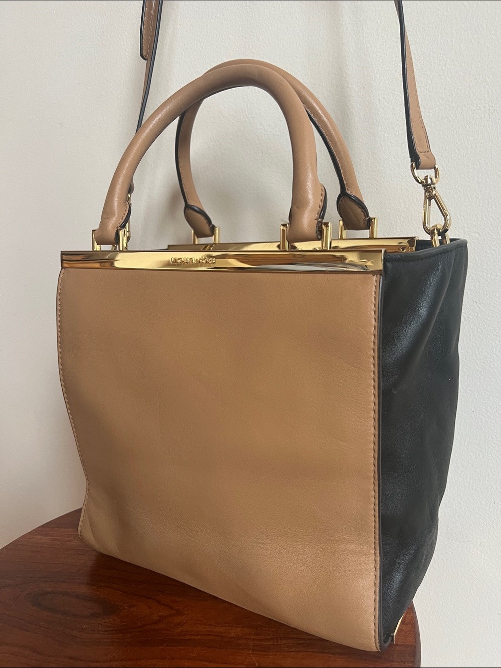 Michael Kors Two-Tone Tan & Black Leather Satchel with Gold Hardware